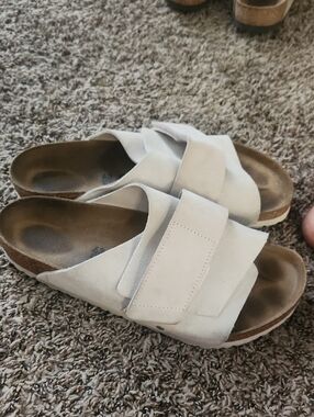 Birkenstock Men's Double-Strap Suede Slide Sandals in Light Beige